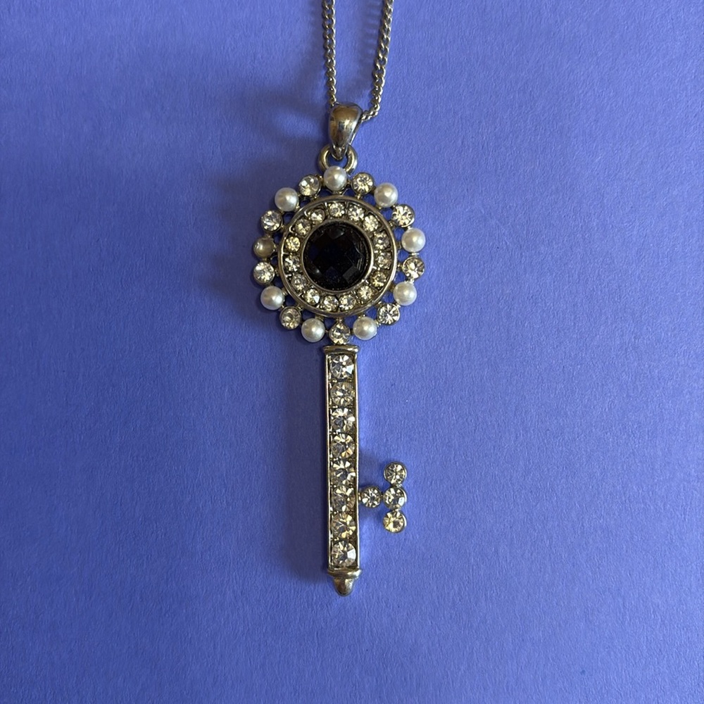 Fun Silver and Black Key Pendant Necklace with extra long adjustable chain